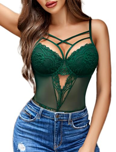 Avidlove Dam spets body sexig sexiga underkläder korsett underkläder curvy bodysuit teddy one piece underkläder, Mörkgrön, XL