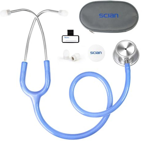 SCIAN Doppelkopf Stethoskop für Krankenschwestern, Ärzte, Medizinstudenten, Heimgebrauch, klassisches Edelstahl Kardiologie Stethoskop mit Zubehör und Tragetasche, Schimmernd Blau Rohr