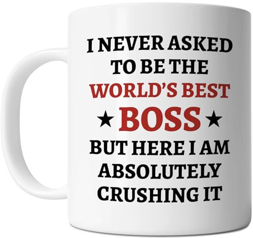 FLEXISAVVY Taza de café de cerámica blanca de 325 ml con texto en inglés I Never Asked To Be The World's Best Boss But Here I Am Absolutely Crushing It