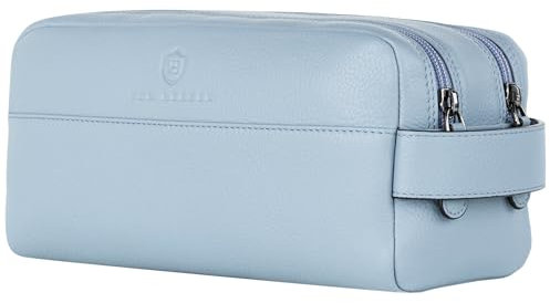 VON HEESEN Kulturbeutel Leder Kulturtasche für Herren & Damen - Echtleder Necessaire ideal zum Reisen - Waschtasche und Kosmetiktasche mit Zwei Hauptfächern hellblau, groß