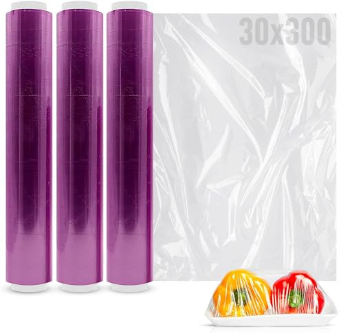 MARCPRINT Rollo Film Transparente Alimentario (30X300) - Ideal para Envolver Alimentos y Cubrir Bandejas - 3 Rollos