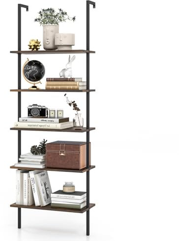 GIANTEX Estantería Escalera de 5 Niveles, Estantería de Madera y Marco de Metal, Librería Moderna para Pared, 60 x 30 x 180 cm, para Salón, Dormitorio, Baño (Marrón+Negro)