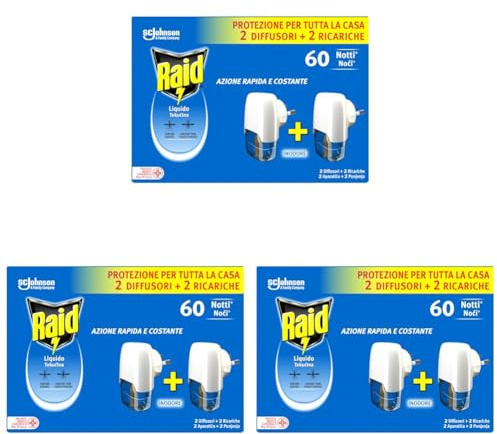 Raid Liquido Elettrico Antizanzare Comuni e Tigre, Inodore, Formato Convenienza, Confezione da 6 Diffusori e 2 Ricariche, 60 Notti