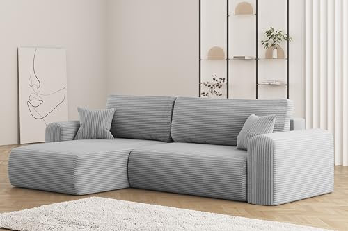 Kaiser Möbel, Sofa mit schlaffunktion, mit Bettkasten, Schlafsofa Capri, Designer Sofa, Modern Design Couch, Polsterecke, Freistehend, Stoff POSO Hellgrau Links