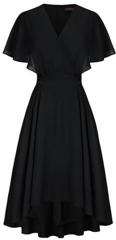 Damen V-Neck Kleid A-Linie Chiffonkleider Cape Ärmel Flowy Hochzeit Cocktailkleid Schwarz 38