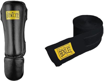 BENLEE Schienbeinschoner aus Kunstleder (1 Paar) Guardian Black S/M & Elastische Boxbandage 3,0m