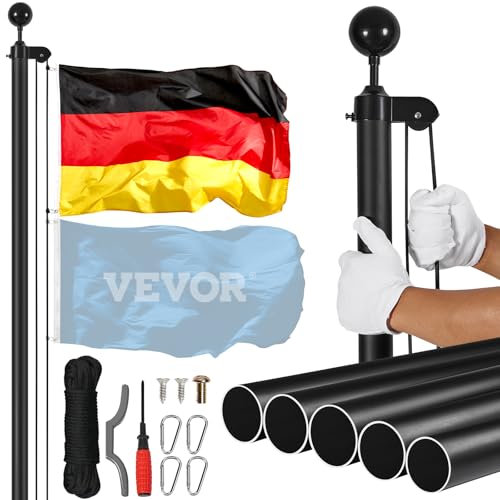 VEVOR Kit Asta Bandiera Staccabile da 762 cm, Kit Asta Bandiera in Lega di Alluminio Resistente da Interrare per Esterni, con 3 modalità di Visualizzazione con Accessori, Bandiera Tedesca, Nera