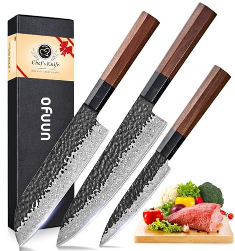 oFuun Set Damasco Coltelli da Cucina Professionali,3 Pezzi Coltello Da Cucina Giapponese Professionali Coltello da Chef per Carne e Pesce