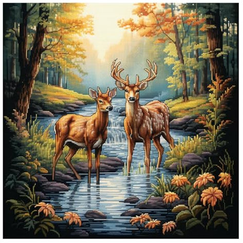 Xinpinzhou Kreuzstich Set Vorgedruckt Hirsch Tiere, Stickvorlagen Stickbilder Vorgedruckt Kreuzstich Stickpackungen Stickpackung Cross Stitch Embroidery Kit Stickset Sticken Set Erwachsene Anfänger