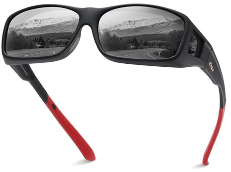 DUCO Herren und Damen Sonnenbrillen Polarisiert Unisex Brille UV400 Schutz Wrap Around Blendschutz Überbrille für Brillenträger Fit-over Polbrille (L Größe Schwarz Rahmen Rot Temple Grau Linse)
