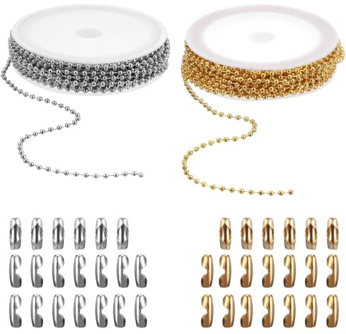 COMNICO Ball Bead Chain Roll, 2Pcs Stainless Steel Bead Link Chain Roll with 20 Pcs Matching Connectors Ball Chain Necklace Dog Tag Chain Necklace Jewelry Making Supplies for DIY Bracelets Keychain