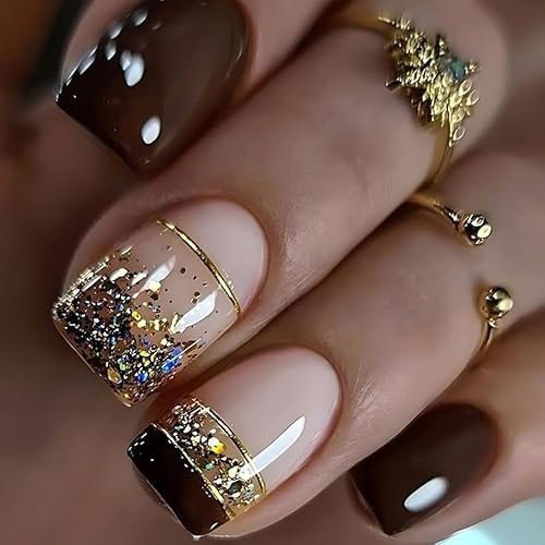 24pcs French Tip False Nails Short Square Press on Nails Dark Brown Fake Nails Glitter Gold Stick on Nails Removable Glue-on Acrylic Full Cover Nails Women Girls Nail Art Accessories