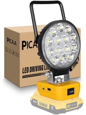PICAA Akku Lampe Für Dewalt 18V/20V, 42W Kabellose Led Arbeitsleuchte, Baustrahler Led, Tragbares Flutlichter Baustellen Lampe, Scheinwerfer für Camping, Werkstatt, Garage (kein Akku)