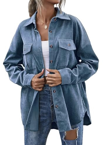BDSCZW Cordjacka dam oversize skjorta, skjortjacka, elegant långblus med fickor, knapp manchesterskjorta, skjortblus, ledig button down toppar, fritidsjacka, blå, L