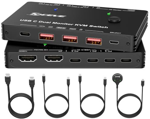 YOUTINGHDAV USB C Switch KVM para 2 Laptop y 2 monitores, USB 3.0 KVM Switch Dual Monitor HDMI for 2 PC, 65 W PD para portátil, 2 entradas y 2 salidas, 2 HDMI Out, 4K@60 Hz, 1080P@60