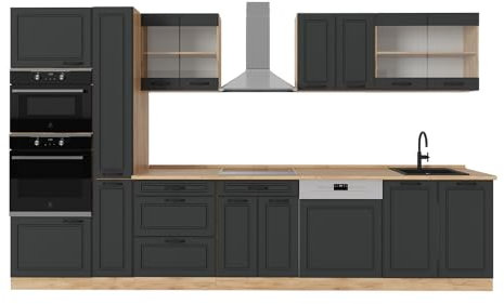 Vicco Küchenzeile R-Line, Anthrazit Landhaus/Goldkraft Eiche, 350 cm ohne Arbeitsplatte