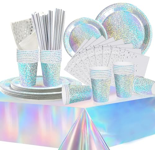 Partygeschirr Kindergeburtstag,Silberne Punkte Party Geschirr Set | Geschirr Set mit Teller Tischdecke Tassen Servietten Papier Strohhalme für Babydusche Geburtstag Hochzeit Party(16 Gäste)