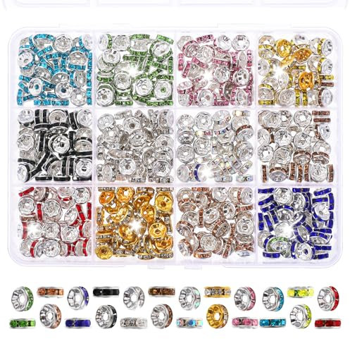 800 cuentas espaciadoras redondas de 6 mm con diamantes de imitación de cristal plateado a granel, cuentas sueltas de colores mezclados con purpurina para hacer joyas, pulseras, collares, aretes