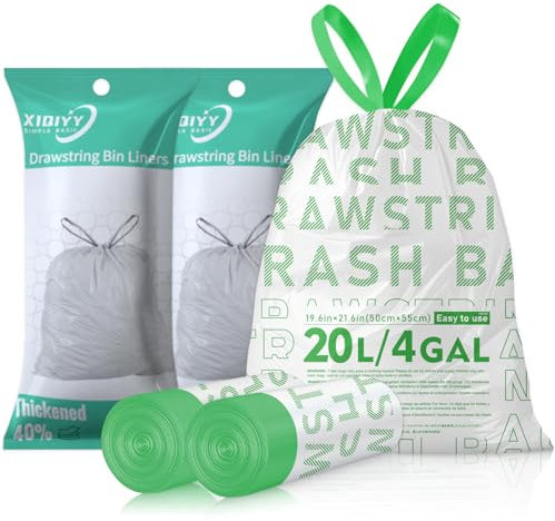 XIQIYY Bin Bags 20L Drawstring Waste Bin Liners Small White Pre-separated Rubbish Bags Pedal Strong Garbage Bags Thicker Refuse Sacks Heavy Duty Trash Bag for Bathroom,Bedroom,Office,60 Liners