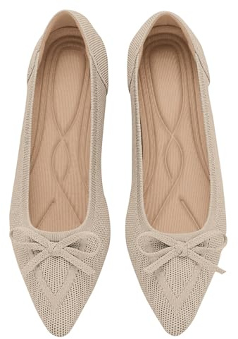 TINGRISE Women's Flats Pointed Toe Bow Knit Ballet Shoes Comfortable Dressy Mesh Slip On Flat
