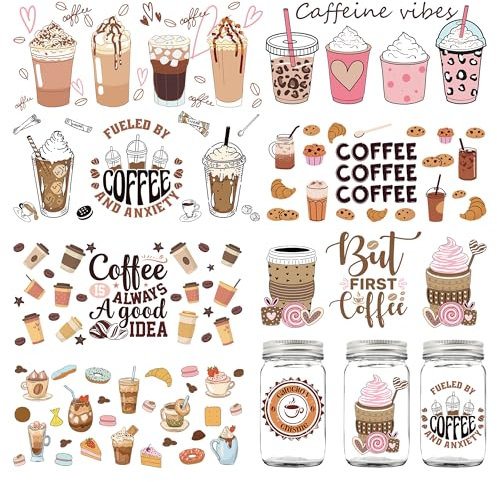 Coffee UV DTF Cup Wrap - 8 Sheets Ice Cream Milk Tea Cake Bread Rub on Decals Colorful Cartoon Transfer Stickers for DIY Bottles Coffee Drink Food Container Women