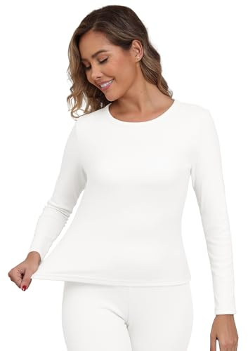 IWOLLENCE Thermal Long Sleeve Top Women Ladies Thermals T Shirt Base Layer Thermal Underwear Warm Fleece Vest Winter Thermal Wear (White, M)