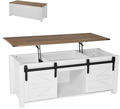 VEVOR Table Basse à Plateau relevable rectangulaire, 1200 x 500 x 480 mm, Table de Salon avec Porte de Grange et Compartiment de Rangement dissimulé, pour Bureau, Maison, Blanc et Marron Rustique