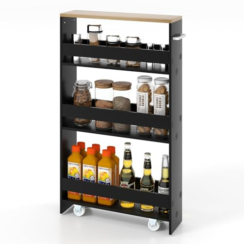 FANTASK 4 Etagen Nischenwagen mit Griff & Geländern, Küchenregal schmal auf Rollen, Badregal Rollwagen Holz für Küche, Badezimmer, 47,5x13x80,5cm (Schwarz+Natur)