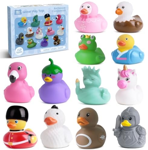 12 Rubber Ducks, Toddler Bath Toys, No-Hole Bathtub Toys for Baby Pool Toys for 18+ Months Girls Boys