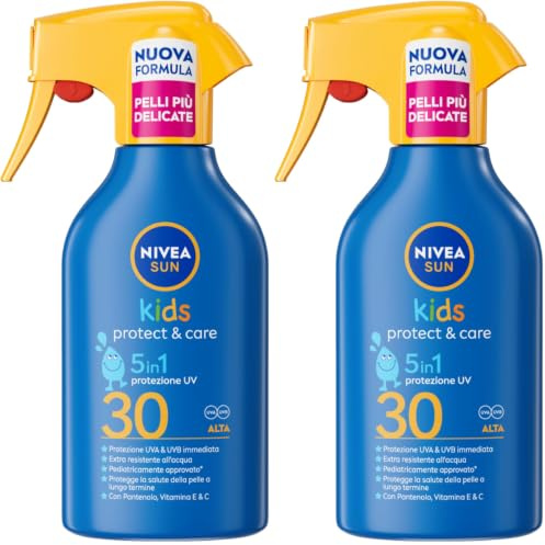 NIVEA SUN Kids Maxi Spray Protect & Care SPF 30 270ml, Sonnencreme 30 Kinder 3+ Jahre, Sonnenschutz 30 Kinder Spray extra wasserfest und schweißfest mit Panthenol, Vitamin C & E (Packung mit 2)