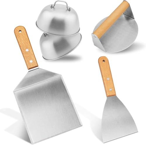 Smash Burger Set, 5 Stück Burger Smasher, Smash Burgerpresse mit Pfannenwender und Burgerglocke und Grillspachtel, Teppanyaki BBQ Grillbesteck Set