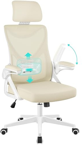 Yaheetech Silla de Oficina Ergonomica con Soporte Lumbar Silla Escritorio Reposabrazo Reposacabeza Ajustable Base Giratoria de 70 cm Transpirable Capacidad MAX 150KG Beige