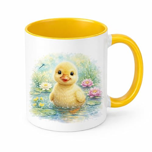 Brew Crew Gifts Cute Duckling Mug, Watercolour Baby Duck Ceramic Coffee Cup, Farmyard Animal Gift, 11oz (Yellow)