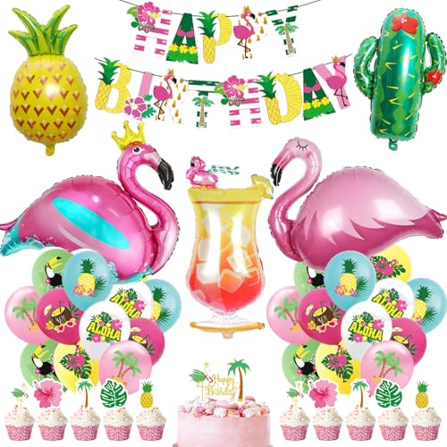 Hawaii Party Deko, Sommer Party Folienballon, Flamingo Geburtstags Deko, Beach Hawaii ballons mit Banner - Flamingo, Frucht,Dekoration für Geburtstag, Sommer, Tropical Strandparty