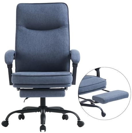 MZLEE Bürostuhl Stoff mit Liegefunktion, Chefsessel mit Fußstütze, Blau | Ergonomischer Schreibtischstuhl, bis 150 kg belastbar,52 cm breiter Sitz,12 cm dicker Polster,135°‑Neigung,Synchron‑Armlehnen