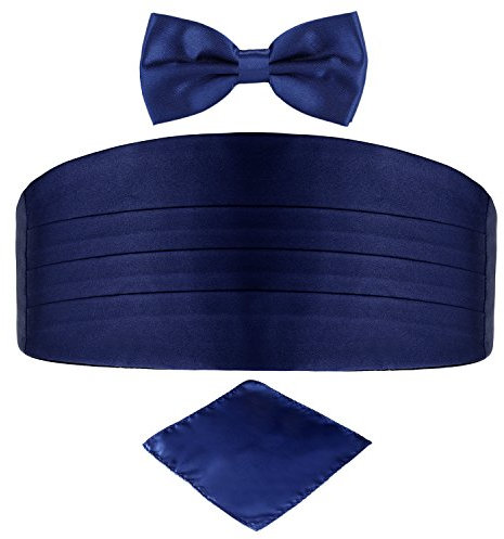 DonDon 3er Set Herren Kummerbund Fliege Einstecktuch farblich abgestimmt glänzend für feierliche Anlässe - Dunkelblau