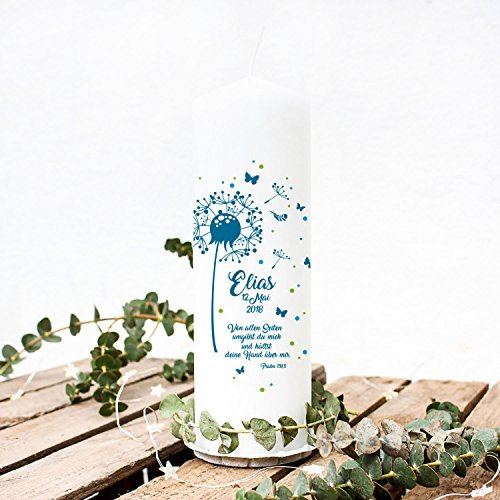 Taufkerze Kerze zur Taufe oder Geburt Kommunionkerze Pusteblume blau mit Spruch Wunschname & Datum wk45 ilka parey wandtattoo-welt®