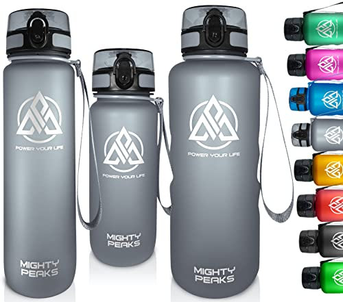 MIGHTY PEAKS Tritan Sport-Trinkflasche 1l BPA frei, Wasserflasche 1liter, Grey, Grau, Trinkflasche Kinder, Sport-Flasche 1 l, Sportflasche für Reise Schule Fitnessstudio Uni