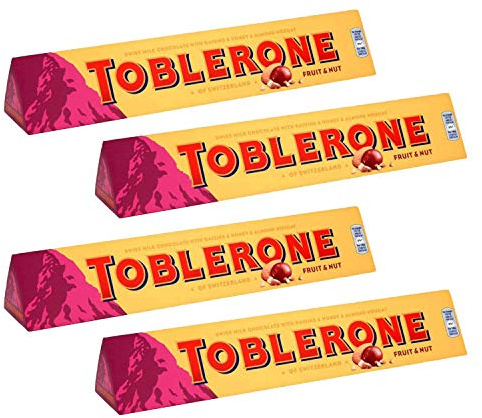 Toblerone Chocolate Bar Fruit and Nut with Raisins, Honey and Almond, 4 pieces, 100 g, 400 g