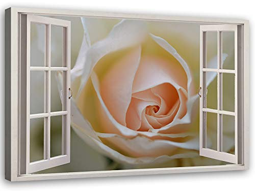 Leinwandbild XXL Rose Wandbild Kunst Fenster-Illusion Beige 120x80 cm