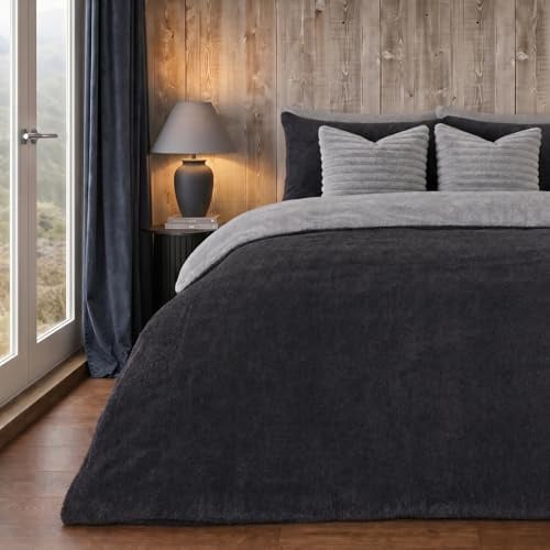 Brentfords Reversible Teddy Fleece Duvet Cover with Pillow Case Supersoft Fluffy Thermal Warm Soft Bear Bedding Set, Charcoal Silver Grey - King