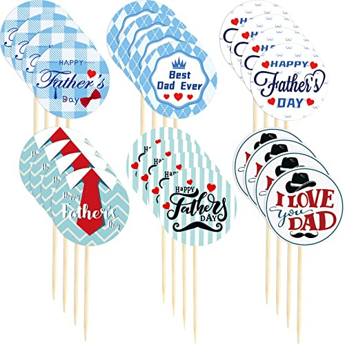 24 Pieces Father's Day Cupcake Toppers Paper Cake Toppers Blue Cupcake Decorations Picks Mustache Tie Cute Cake Decorations for Father's Day Bakeware Decorating, 6 Styles(Tie Style)