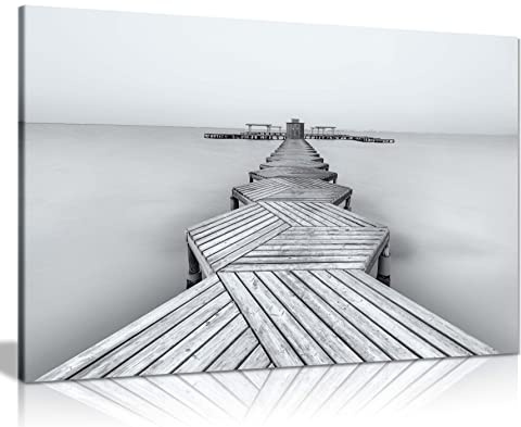 Panther Print Fine Art Prints Black & White Long Bridge on a Silky Beach water Artistic Framed Canvas Print, Pictures for Home Walls, Bedroom, Living Room & Bathroom Decor 46x31cm (18x12in)
