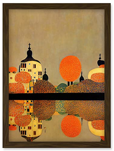 Wee Blue Coo Gustav Klimt Style Autumn Lakeside Town Church Reflection Artwork Framed Wall Art Print A4