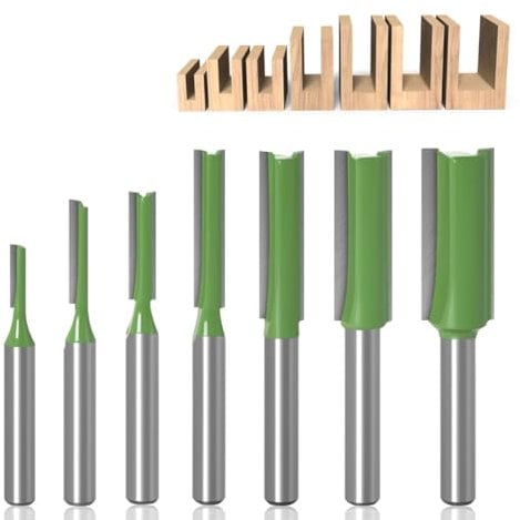 WHC 7 Piezas Fresas para Madera Vástago de 6 mm, Fresa Recta Madera 3-12mm, Fresas para Ranurar Madera, Flauta Simple/Doble, Fresas para Fresadoras, Juego de Fresas para Ranurado de Madera
