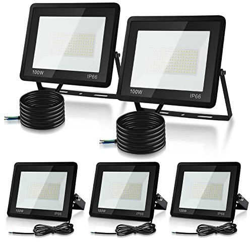 Cecaylie Focos LED Exterior, 5 Pcs 100W Foco Proyector Blanco Frío 6000K 8500LM IP66 Impermeable, LED Floodlight para Casa, Garaje, Patio, Terraza, Campo