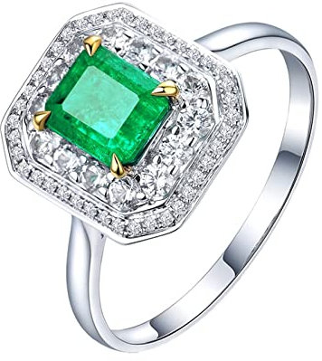 Ringe Schmuck Silber, Ring Damen Hochzeit 4 Klauen Quadrat mit Eingelegtem Smaragd Aus Dem Labor 18 Karat Weißgold 1Ct Smaragd Gr. 49 (15.6)