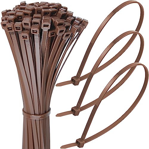 Just Coloured Cable Ties - Brown Zip Ties, Heavy Duty, 370 x 7.6 mm with Auto-Locking Mechanism - 100 pcs, Up to 54.4 kg Tensile Strength