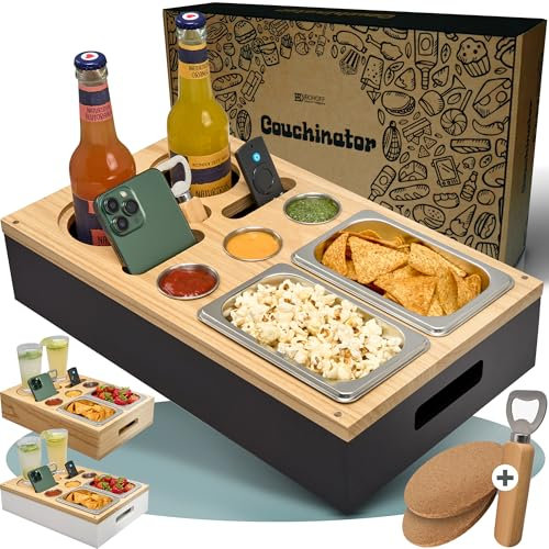 Premium Couchbar - Kiriholz - 3 Farben - 3 Dipschalen 2 Snackschalen 2 Untersetzer 1 Flaschenöffner, Snackbox Organizer Flaschenhalter - Sofa Butler Serviertablett (Schwarz)
