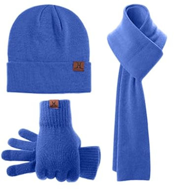 Winter Warm Lang Schal Beanie Mütze Touchscreen Handschuhe Set für Damen Herren Thermo Gestrickte Wintermütze Winterschal Handschuhe Kombiset Winterhandschuhe Strickmütze Winterset (Blau, OneSize)